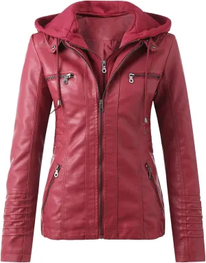 GOKKILRW Women Plus Size PU Leather Jacket Hooded Zip Up Casual Outdoor Motorbiker Slim Fit Removable Moto Biker Coat Outwear