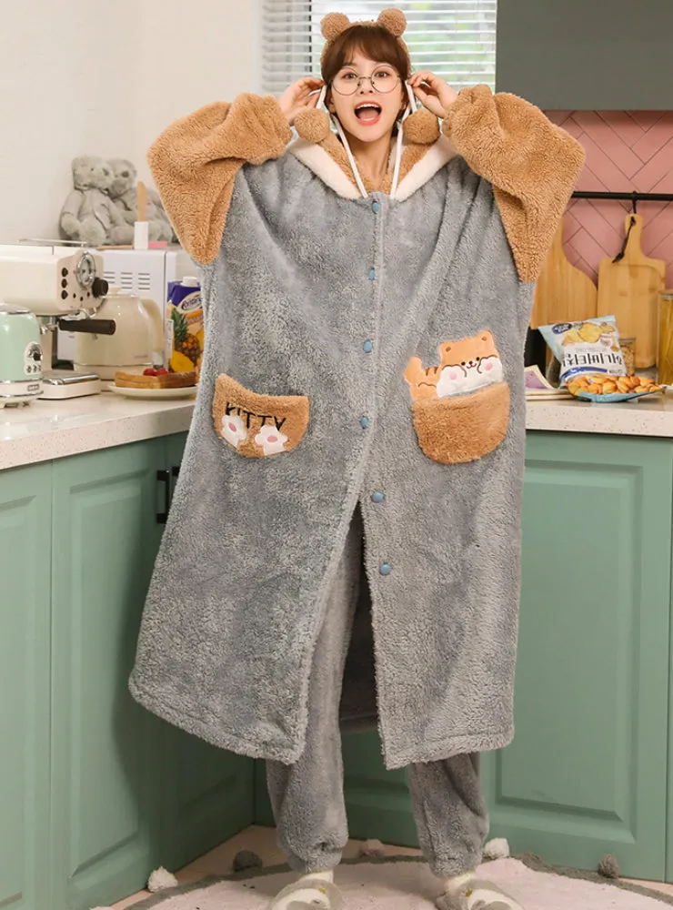 Gray Coral Velvet Robe Women Autumn and Winter