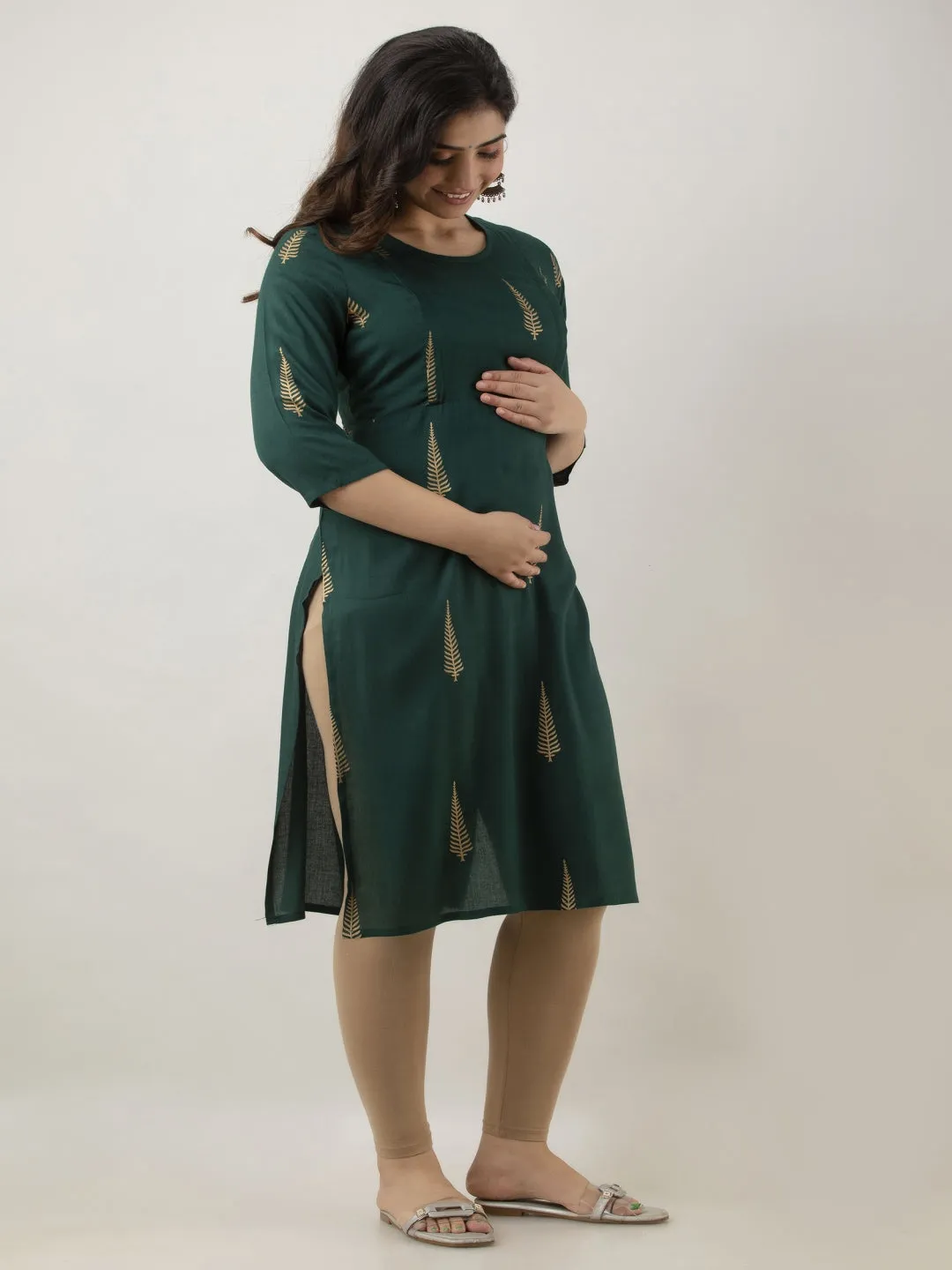 Green Rayon Maternity & Feeding Kurta