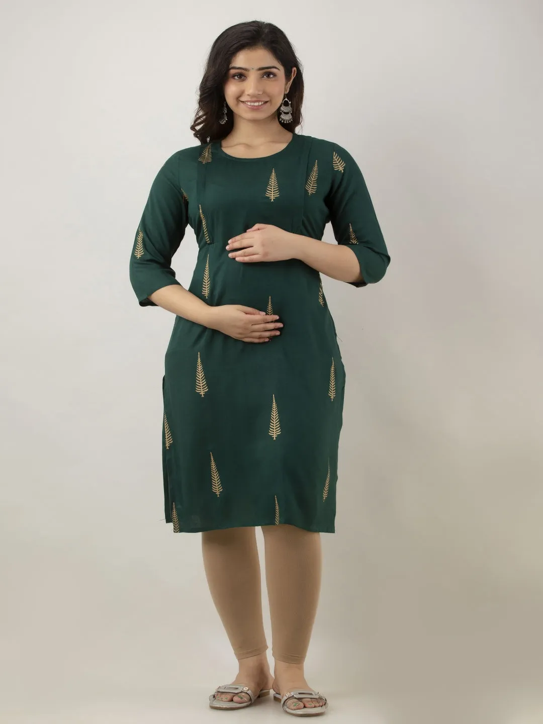 Green Rayon Maternity & Feeding Kurta