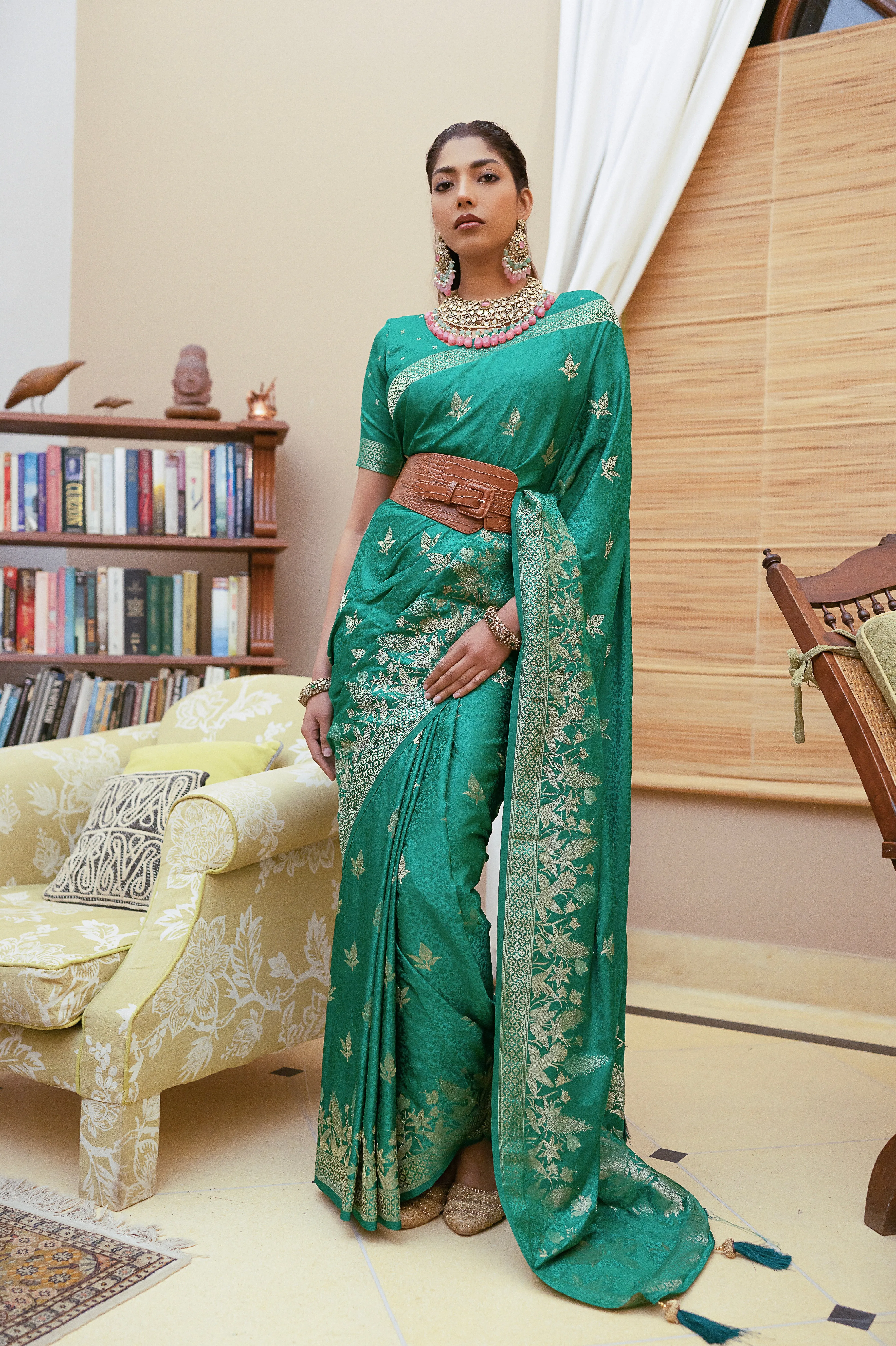 Green Satin Silk Saree with Intricate Zari Weaving and Satin Silk Blouse