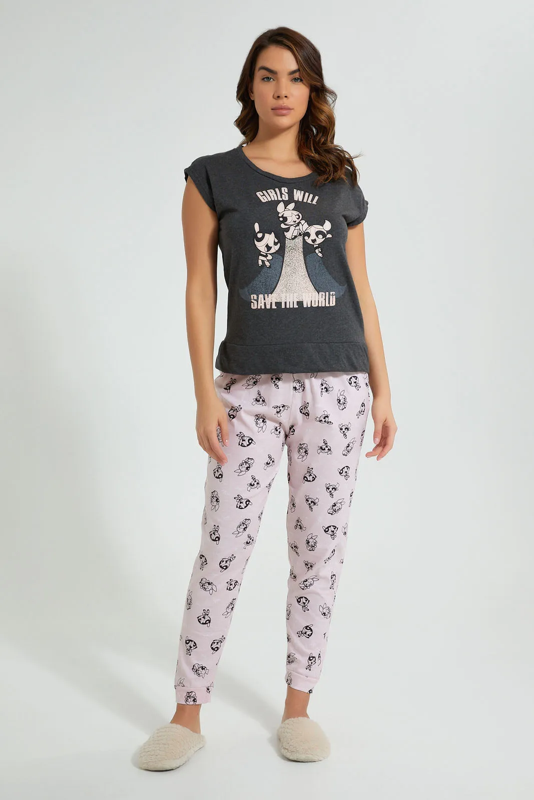 Grey And Pink Powerpuff Girls Pyjama Set (2 Piece)
