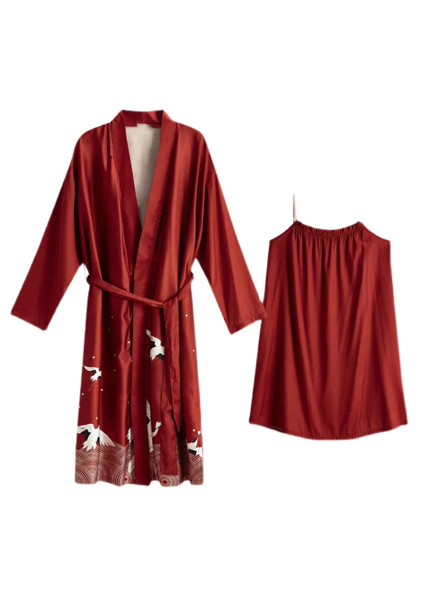Handmade Red V Neck Print Tie Waist Ice Silk Robe And Vest Two Piece Set Spring TO1020