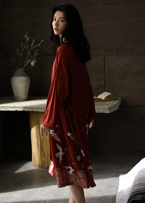 Handmade Red V Neck Print Tie Waist Ice Silk Robe And Vest Two Piece Set Spring TO1020