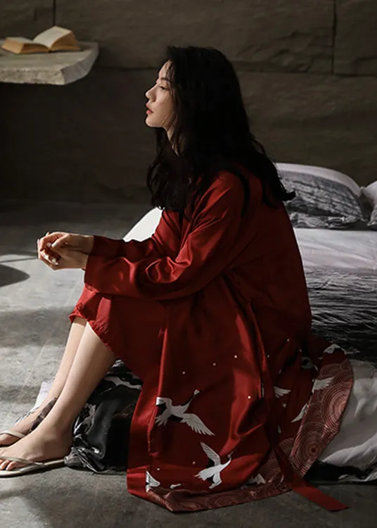 Handmade Red V Neck Print Tie Waist Ice Silk Robe And Vest Two Piece Set Spring TO1020
