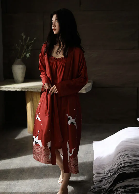 Handmade Red V Neck Print Tie Waist Ice Silk Robe And Vest Two Piece Set Spring TO1020