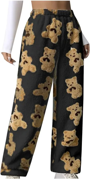 HGps8w Cute Bear Fuzzy Pajama Pants for Women Soft Fluffy Fleece Warm Pjs Bottoms Winter Plush Lounge Pants Sleepwear