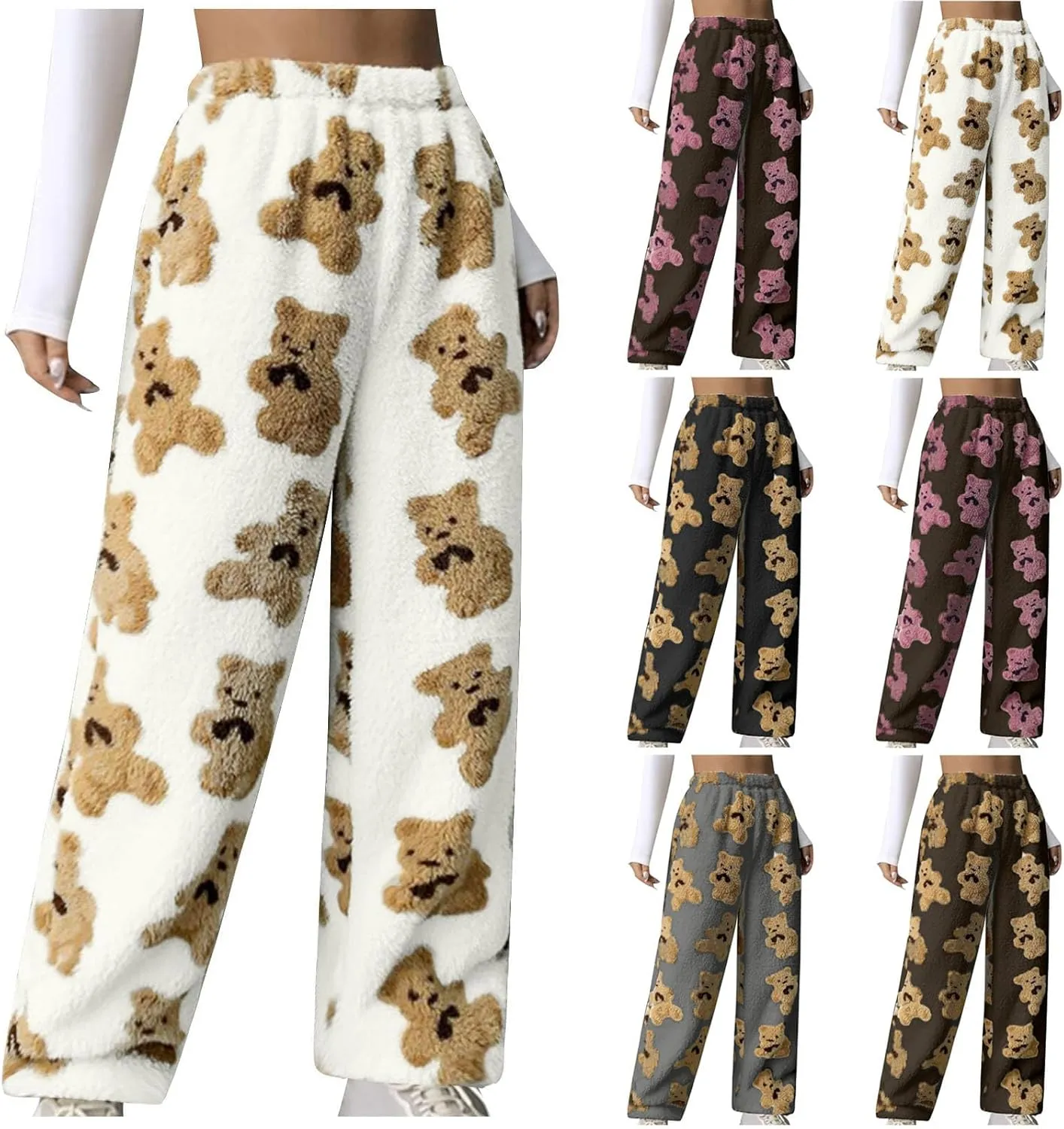 HGps8w Cute Bear Fuzzy Pajama Pants for Women Soft Fluffy Fleece Warm Pjs Bottoms Winter Plush Lounge Pants Sleepwear