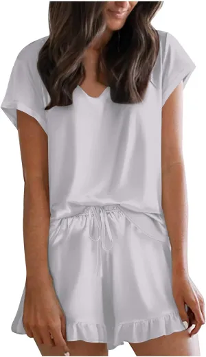 HGps8w Satin Slik Ruffle Shorts Pajamas for Women V Neck Short Sleeve Soft Sleepwear Matching Pjs Lounge Sets