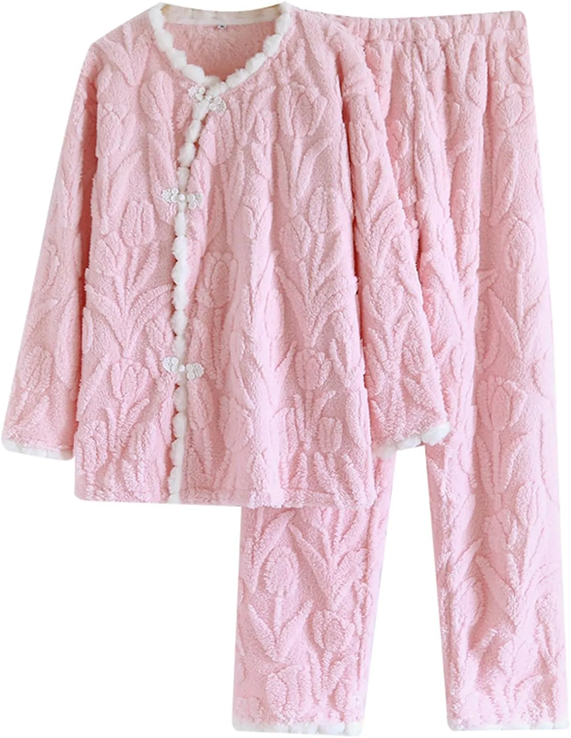 HGps8w Womens Coral Fleece Pajamas Sets Cozy Warm Winter Long Sleeve Sleepwear Tops & Long Pants Soft 2PC Lounge Outfits