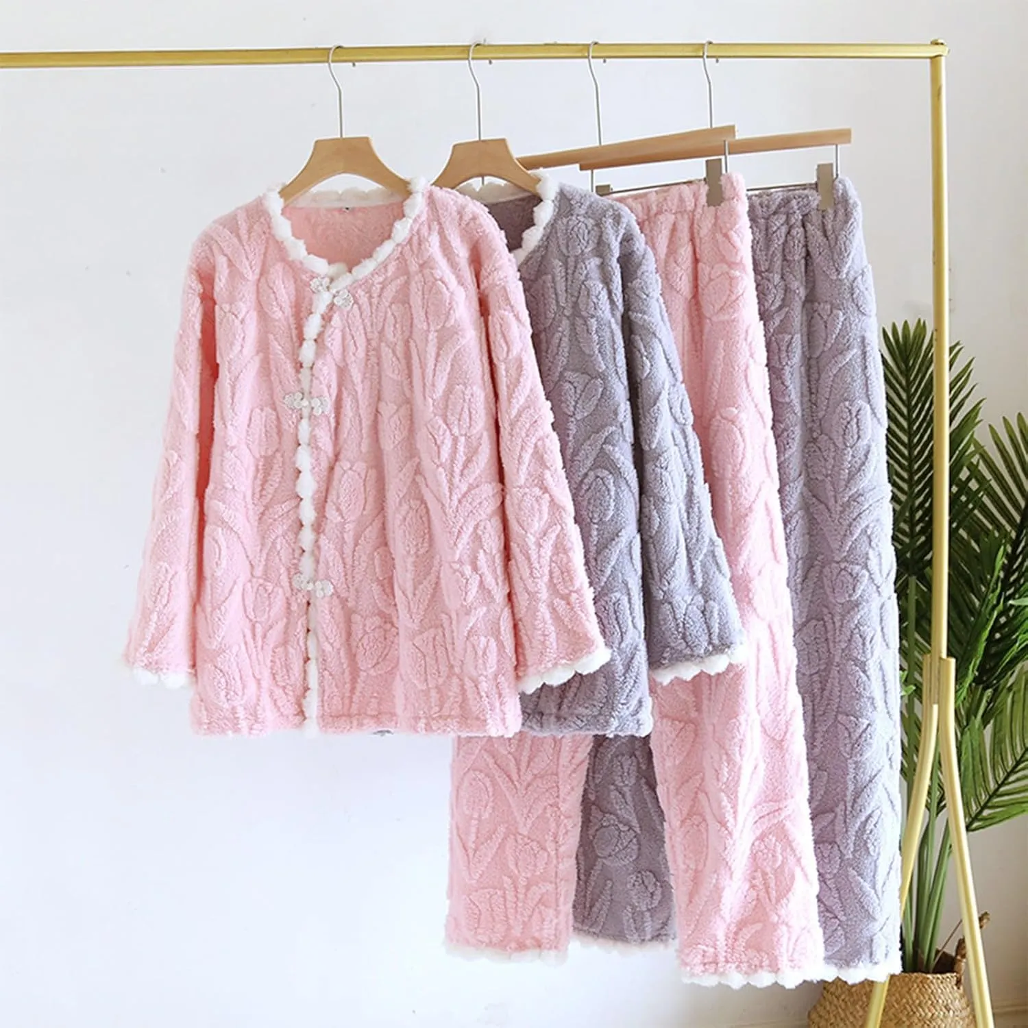 HGps8w Womens Coral Fleece Pajamas Sets Cozy Warm Winter Long Sleeve Sleepwear Tops & Long Pants Soft 2PC Lounge Outfits