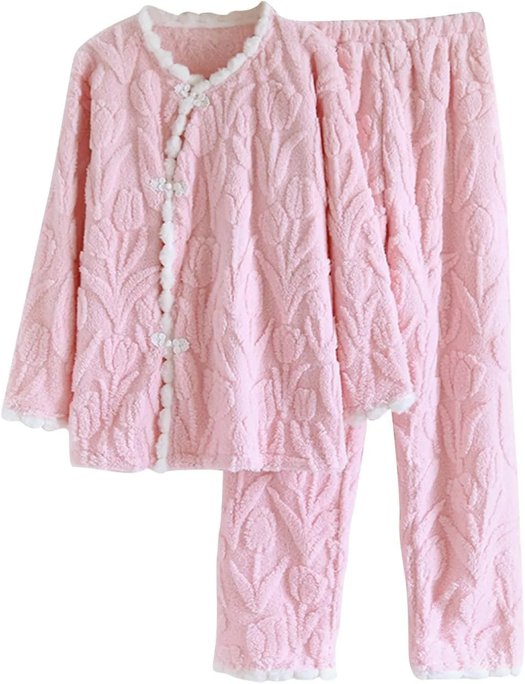 HGps8w Womens Coral Fleece Pajamas Sets Cozy Warm Winter Long Sleeve Sleepwear Tops & Long Pants Soft 2PC Lounge Outfits