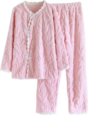 HGps8w Womens Coral Fleece Pajamas Sets Cozy Warm Winter Long Sleeve Sleepwear Tops & Long Pants Soft 2PC Lounge Outfits