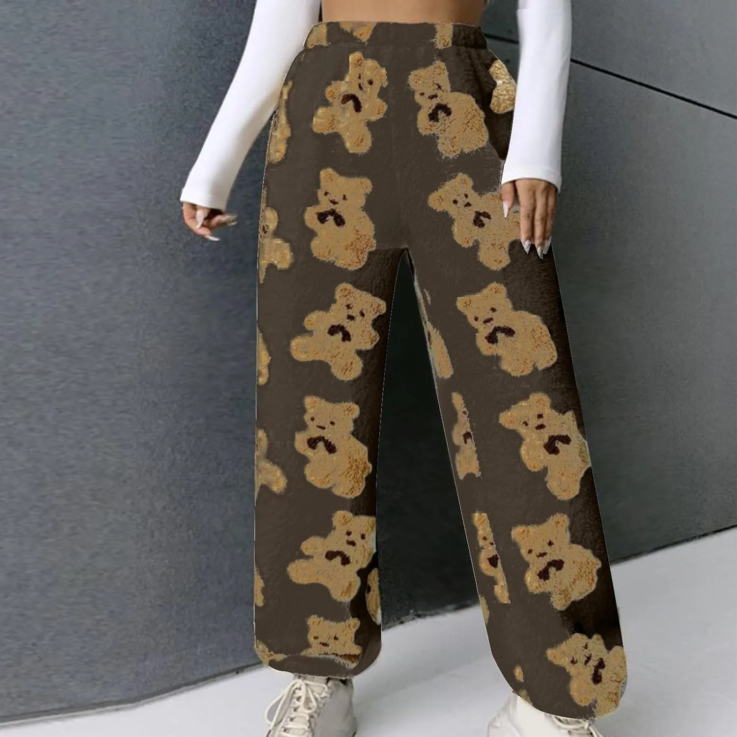 HGps8w Women's Cute Bear Plush Pajama Pants, Soft Fluffy Fleece Warm Pjs Bottoms Sleepwear Winter Comfy Fuzzy Lounge Pants