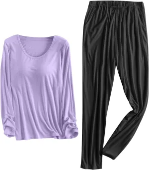 HGps8w Womens Pajamas Sets Bulit-in-Bra Long Sleeve Shirt with Comfy Long Pants Matching Sleepwear Soft Modal Lounge Set