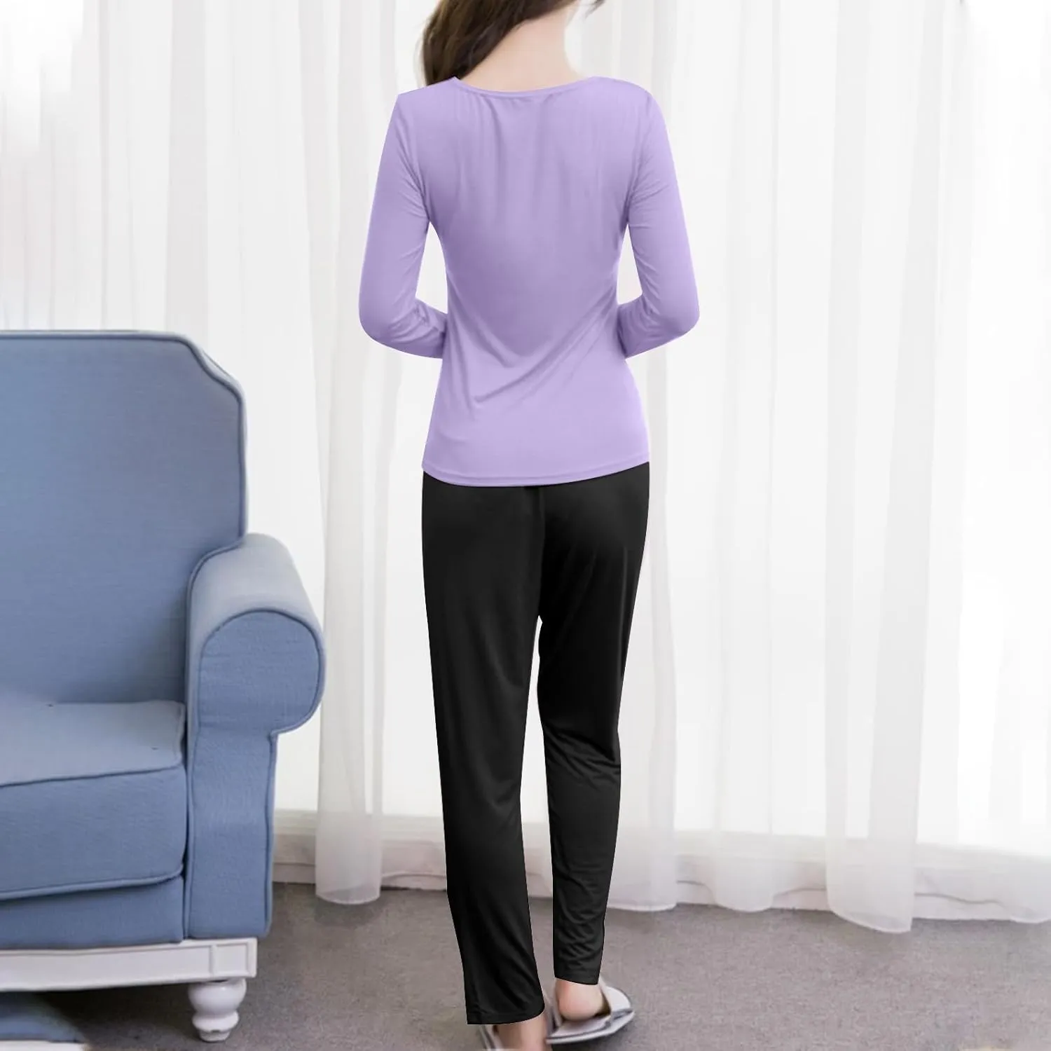 HGps8w Womens Pajamas Sets Bulit-in-Bra Long Sleeve Shirt with Comfy Long Pants Matching Sleepwear Soft Modal Lounge Set