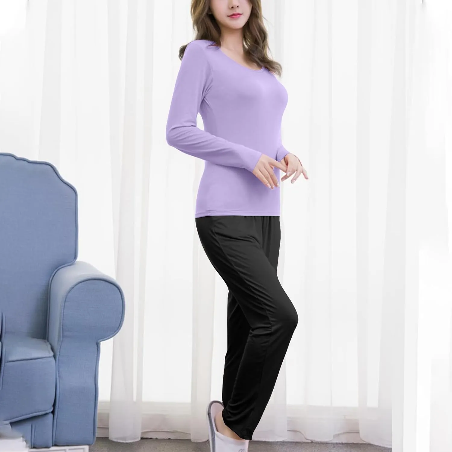 HGps8w Womens Pajamas Sets Bulit-in-Bra Long Sleeve Shirt with Comfy Long Pants Matching Sleepwear Soft Modal Lounge Set