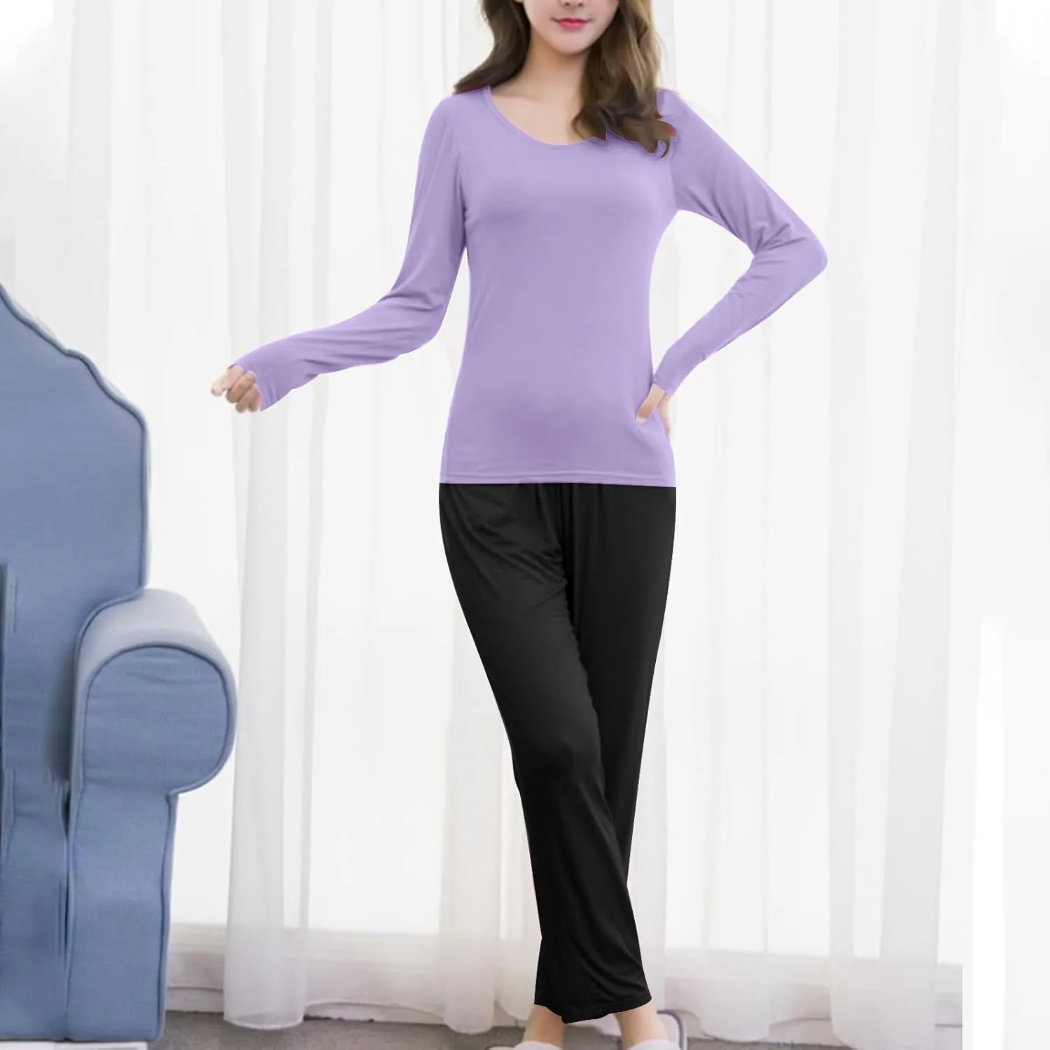 HGps8w Womens Pajamas Sets Bulit-in-Bra Long Sleeve Shirt with Comfy Long Pants Matching Sleepwear Soft Modal Lounge Set