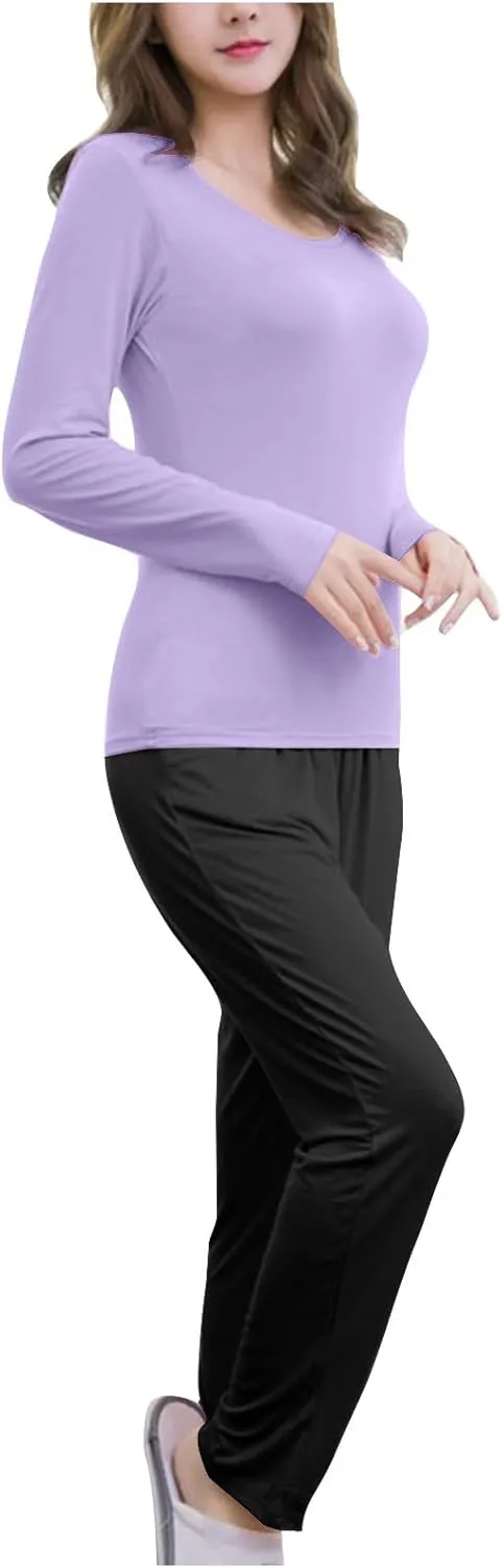 HGps8w Womens Pajamas Sets Bulit-in-Bra Long Sleeve Shirt with Comfy Long Pants Matching Sleepwear Soft Modal Lounge Set