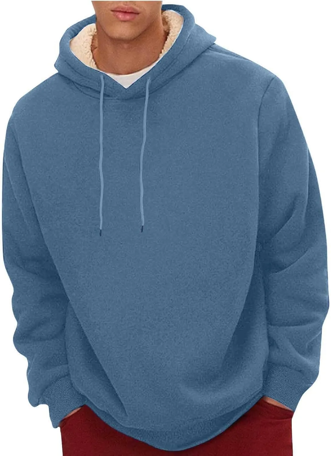 Hoodies for Men Sherpa Fleece Lined Sweatshirts Winter Warm Long Sleeve Drawstring Pullover Trendy Solid Color Hoodie