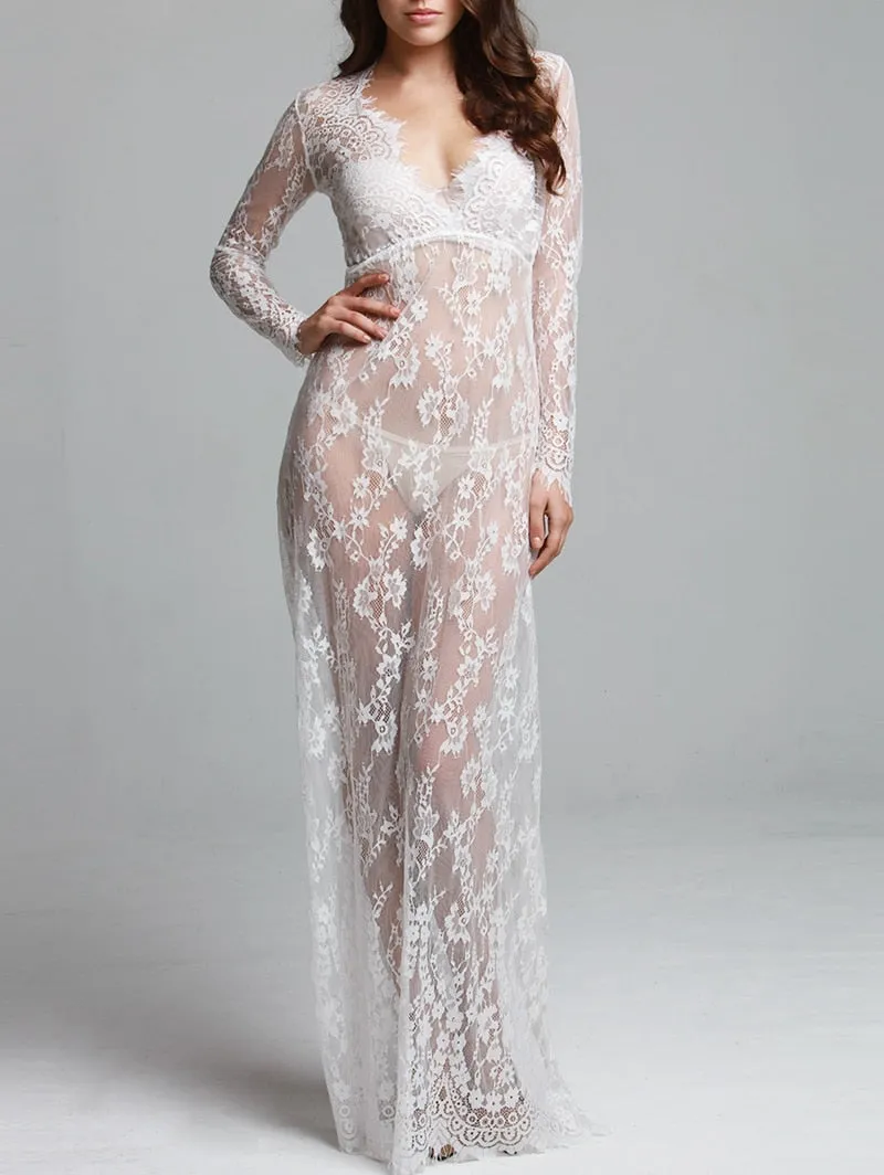 HOT SELL Ladies Sexy Lace Sleepwear Nightdress Babydolls See through lingerie big size sleeping dress white long nightgown