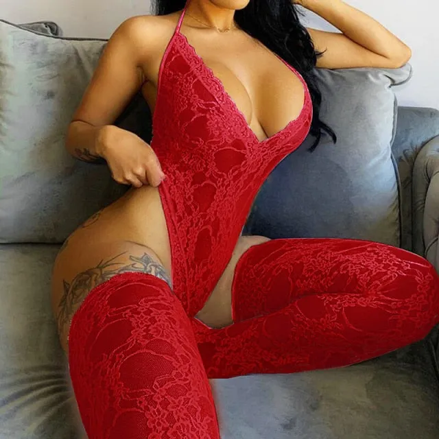 Hot Sexy Lace Solid Color Mesh Jumpsuit Sleeveless Backless Sling Deep V Neck Transparent Rompers For Women Trendy Overalls