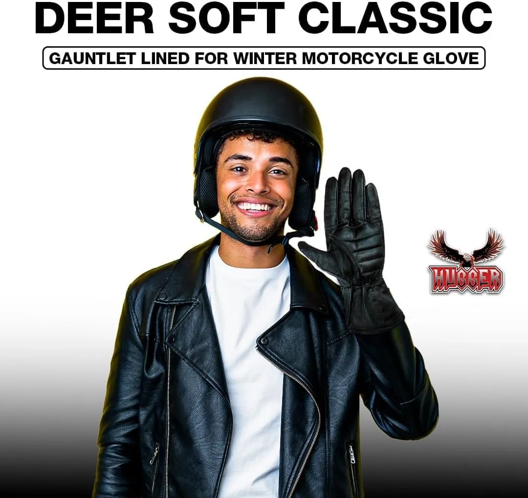 Hugger Men's Super Soft Deer Soft Leather Classic Unlined Gauntlet Motorcycle Riding Driving Glove