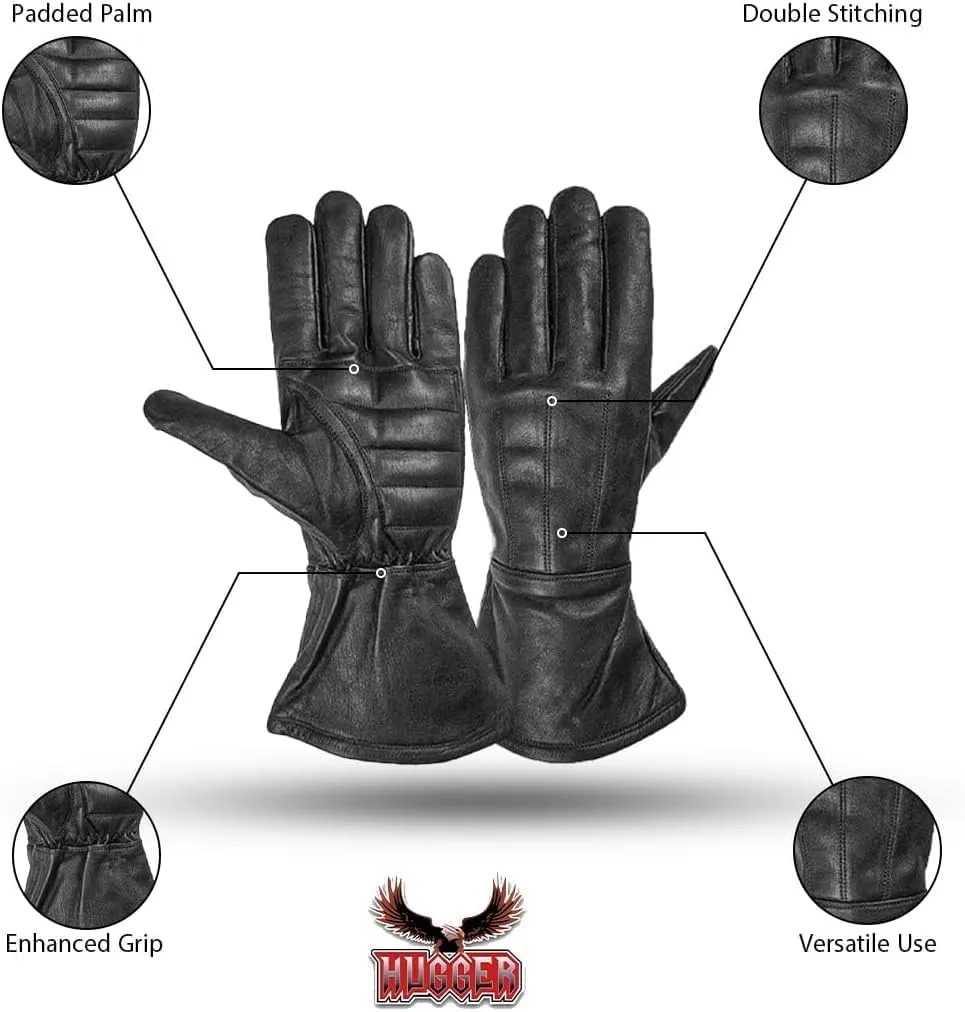 Hugger Men's Super Soft Deer Soft Leather Classic Unlined Gauntlet Motorcycle Riding Driving Glove