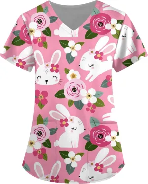 HXHYQKP Easter Scrub Tops Women Bunny Egg Hunt Print Scrub Tops Short Sleeve Holiday Working Uniform with Pockets