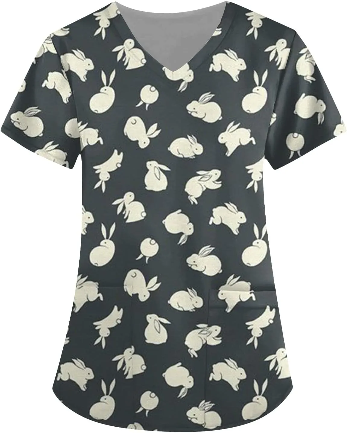 HXHYQKP Easter Scrub Tops Women Bunny Egg Hunt Print Scrub Tops Short Sleeve Holiday Working Uniform with Pockets