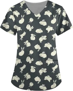 HXHYQKP Easter Scrub Tops Women Bunny Egg Hunt Print Scrub Tops Short Sleeve Holiday Working Uniform with Pockets