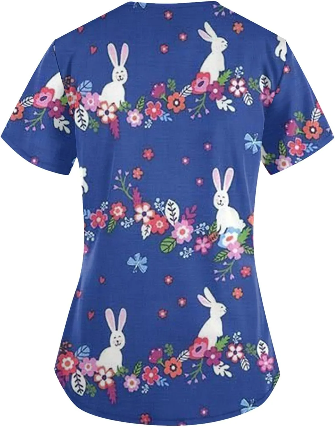 HXHYQKP Easter Scrub Tops Women Bunny Egg Hunt Print Scrub Tops Short Sleeve Holiday Working Uniform with Pockets