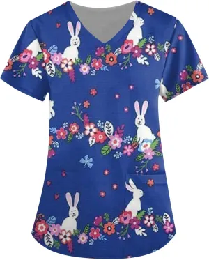HXHYQKP Easter Scrub Tops Women Bunny Egg Hunt Print Scrub Tops Short Sleeve Holiday Working Uniform with Pockets