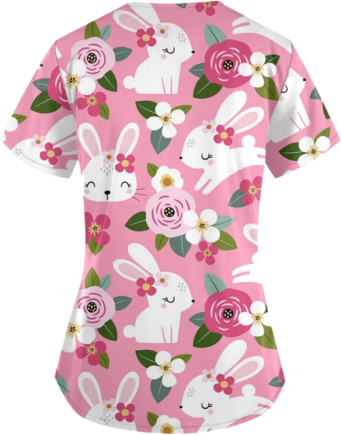 HXHYQKP Easter Scrub Tops Women Bunny Egg Hunt Print Scrub Tops Short Sleeve Holiday Working Uniform with Pockets