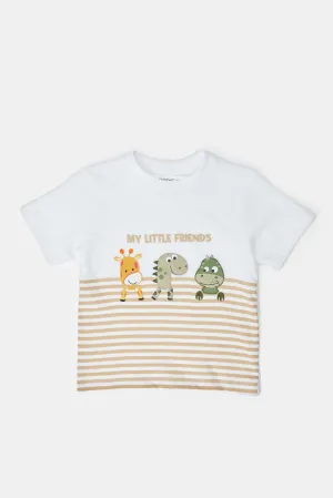 Infant Boys White And Beige Printed Set (2 Piece)