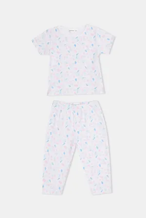 Infant Girls White And Yellow Printed Pyjama Set (4 Piece)