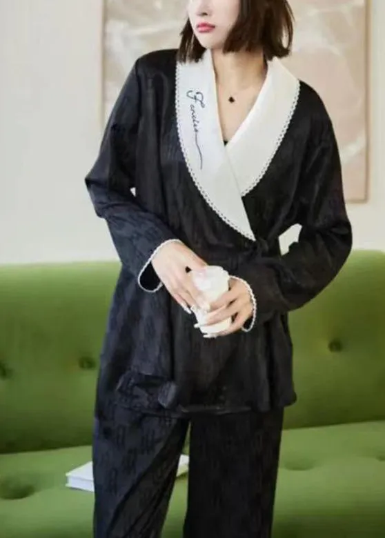 Jacquard Black Peter Pan Collar Patchwork Tie Waist Ice Silk Pajamas Two Pieces Set Spring TO1017