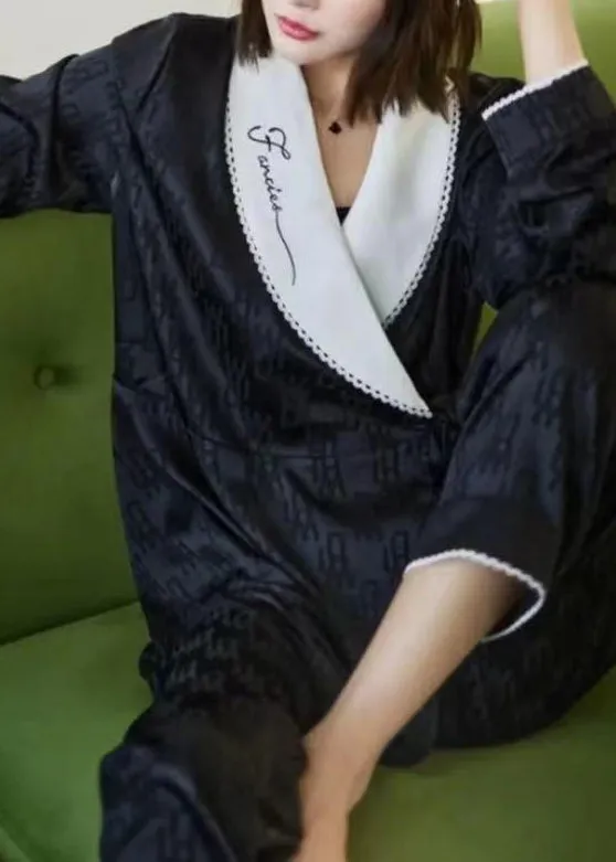 Jacquard Black Peter Pan Collar Patchwork Tie Waist Ice Silk Pajamas Two Pieces Set Spring TO1017