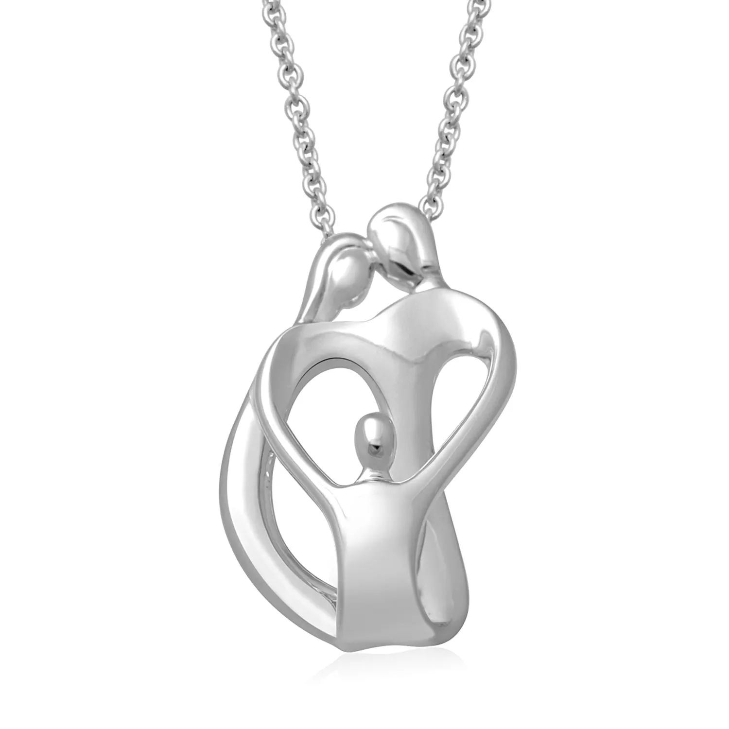 Jewelili Sterling Silver With Parent One Child Family Heart Pendant Necklace