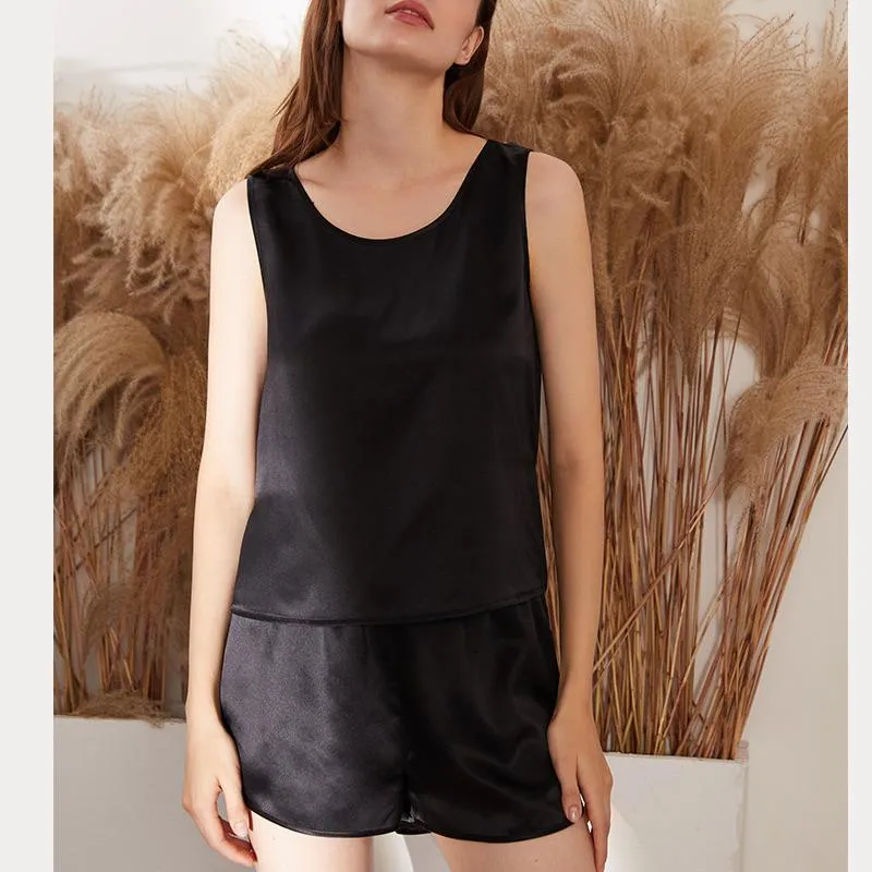 Keira Pure Silk Sleeveless Pyjamas Set | Black