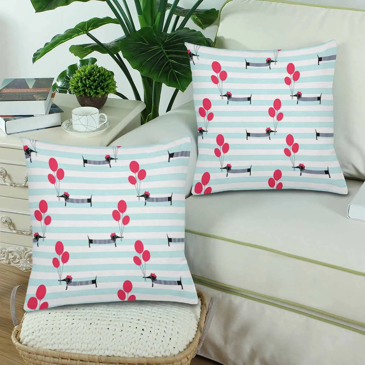 Kids Cartoon themed Pillow Cases printed with  French style dog holding balloons