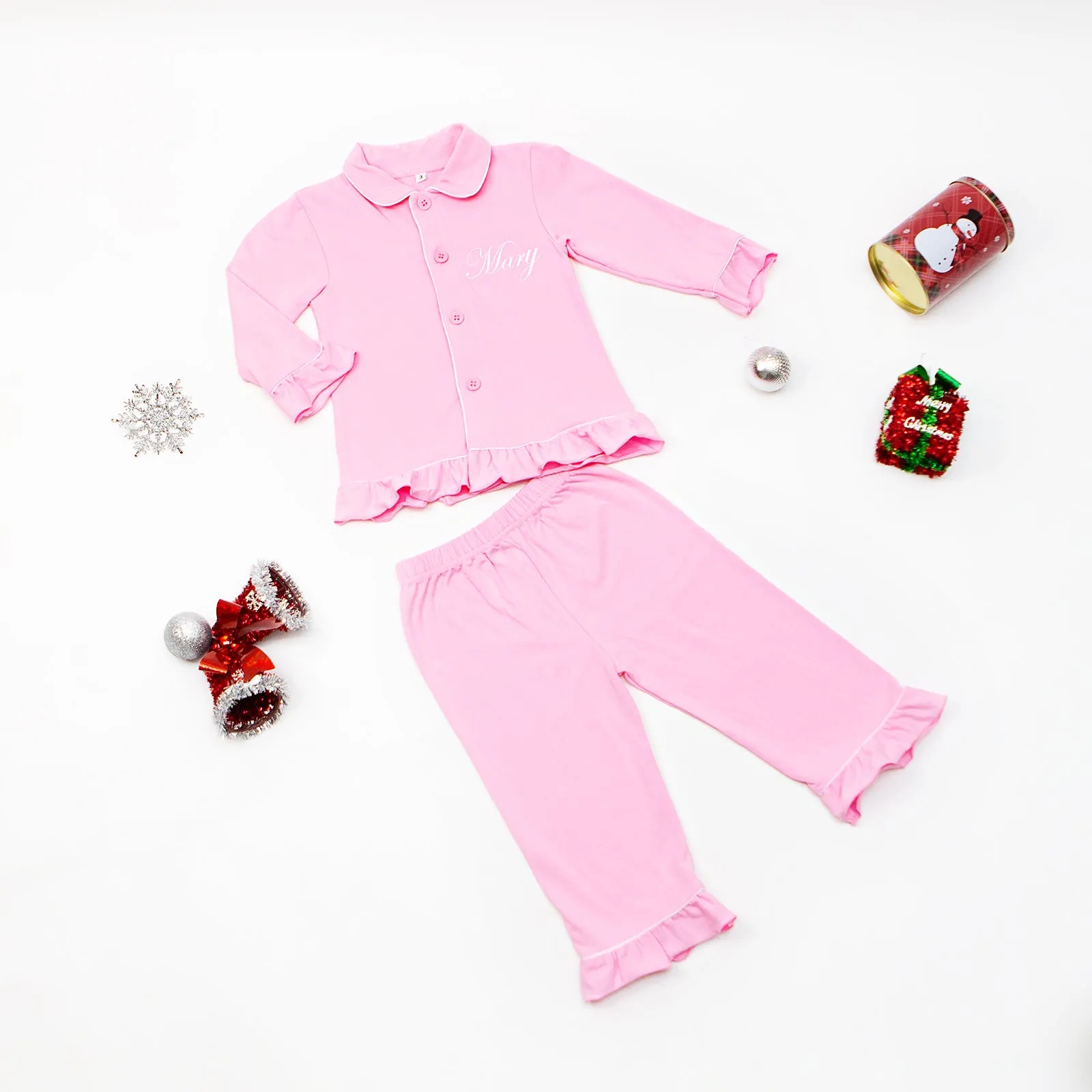 Kids Christmas Cotton Red Ruffled Pajamas for Christmas Eve with names - Alfresco
