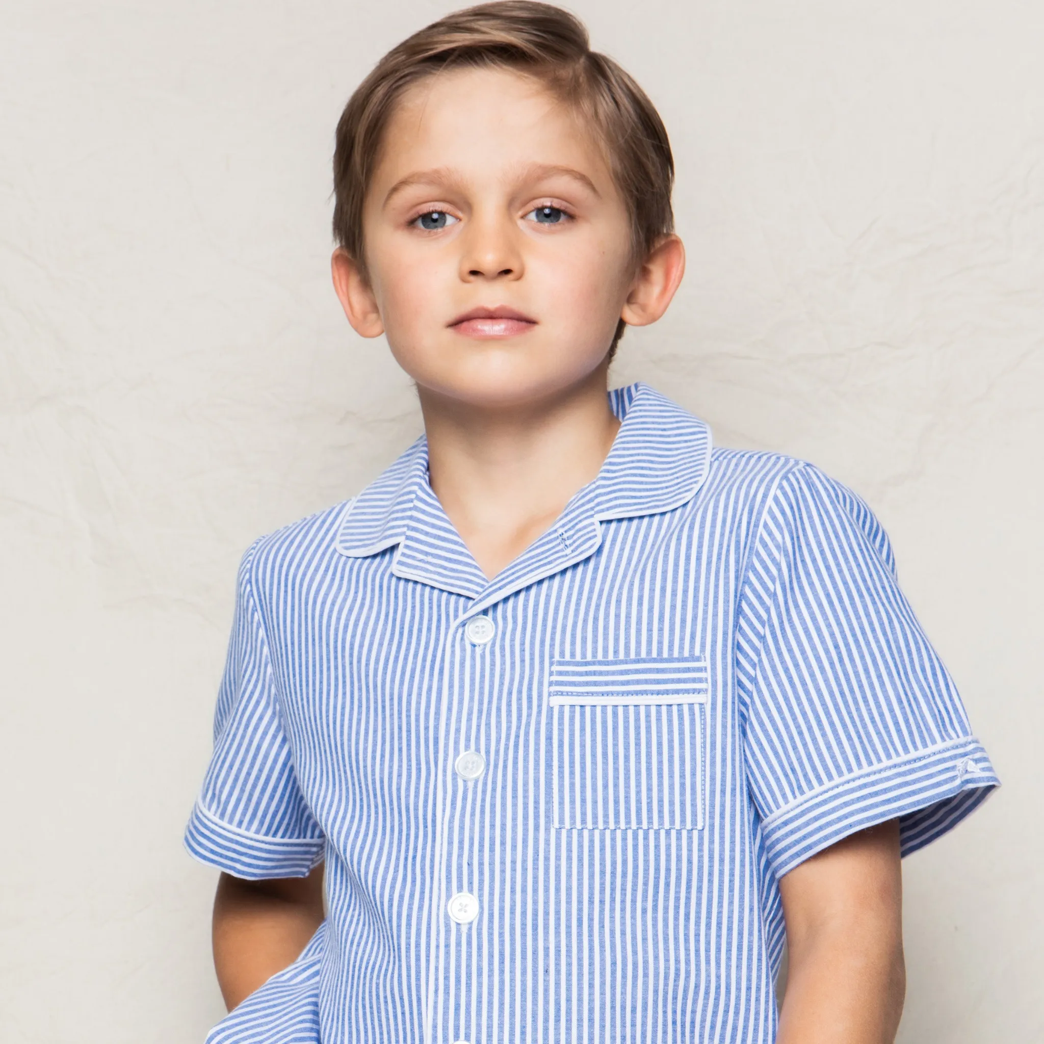 Kid's Twill Pajama Short Set in French Blue Seersucker