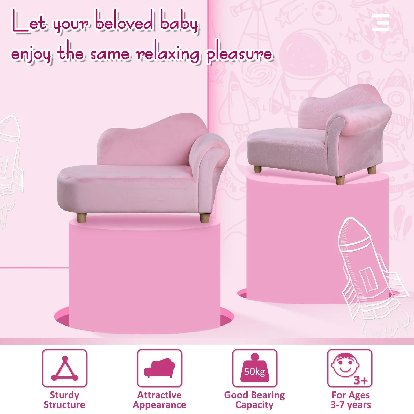 Kids Velvet-Like Chaise Lounge Pink