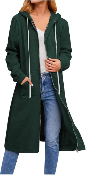 Knee Length Sweatshirts Long Hoodies for Women 2024 Winter Full Zip Up Drawstring Hooded Coat Fall Fashion Outwear