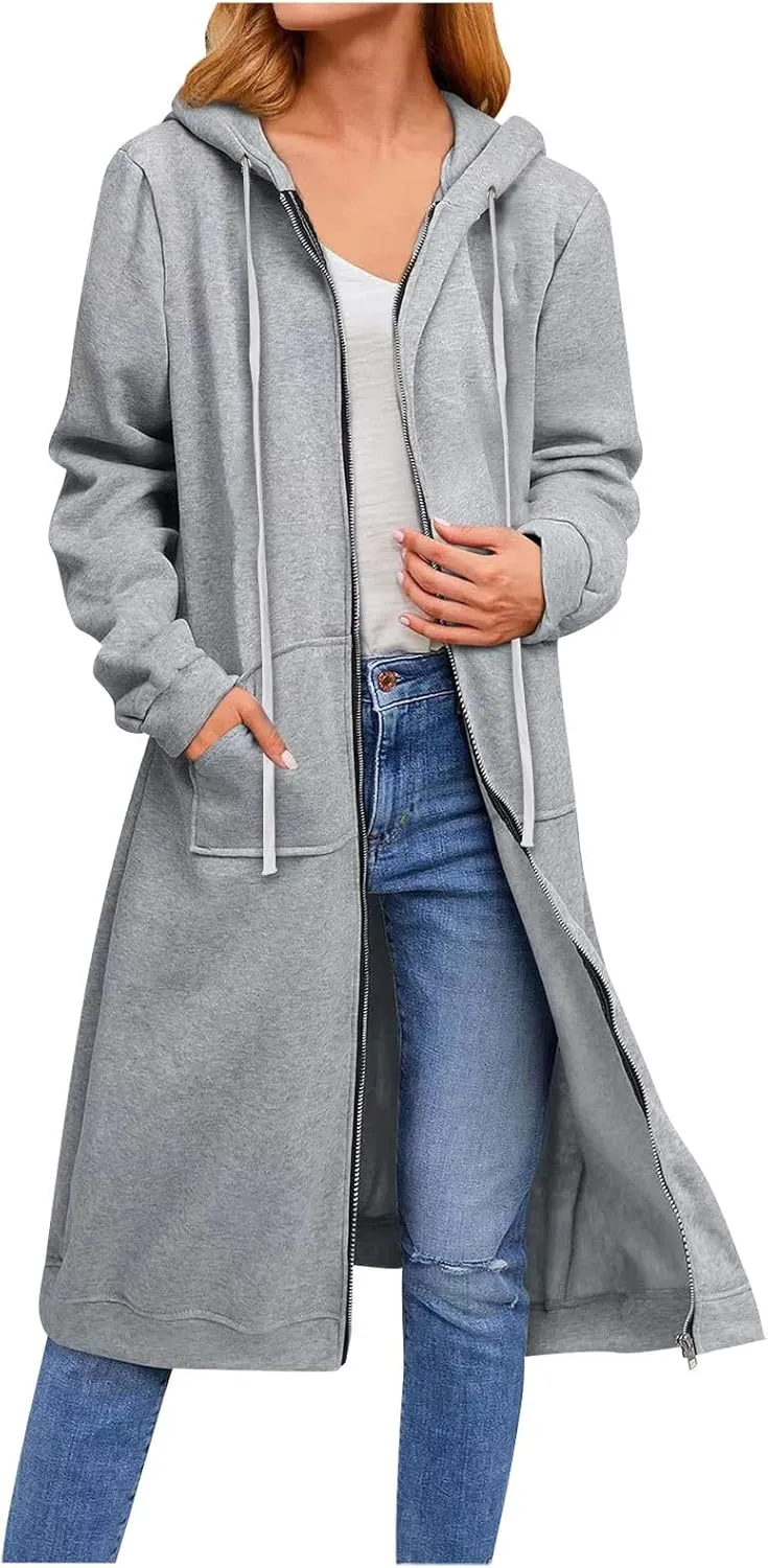 Knee Length Sweatshirts Long Hoodies for Women 2024 Winter Full Zip Up Drawstring Hooded Coat Fall Fashion Outwear