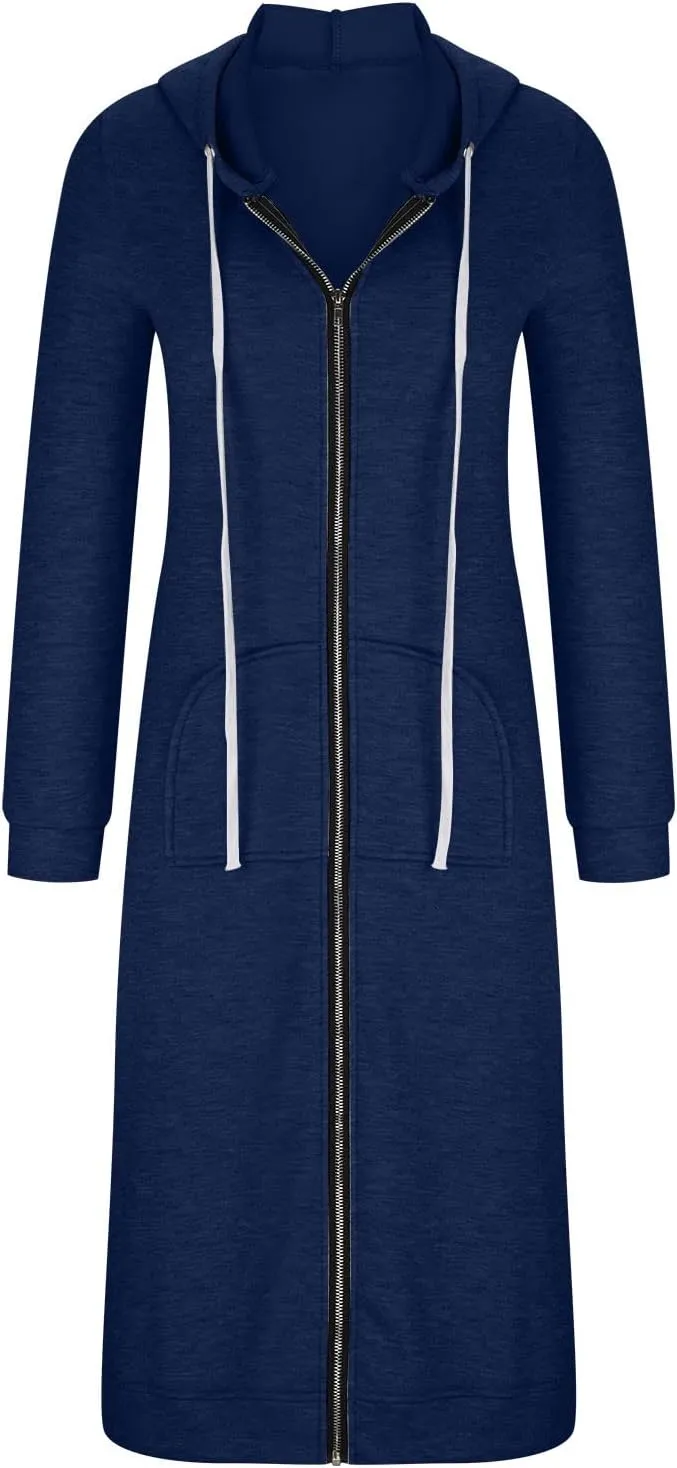 Knee Length Sweatshirts Long Hoodies for Women 2024 Winter Full Zip Up Drawstring Hooded Coat Fall Fashion Outwear