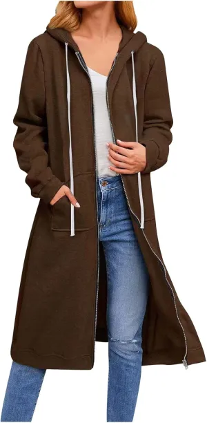 Knee Length Sweatshirts Long Hoodies for Women 2024 Winter Full Zip Up Drawstring Hooded Coat Fall Fashion Outwear