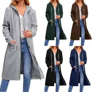 Knee Length Sweatshirts Long Hoodies for Women 2024 Winter Full Zip Up Drawstring Hooded Coat Fall Fashion Outwear