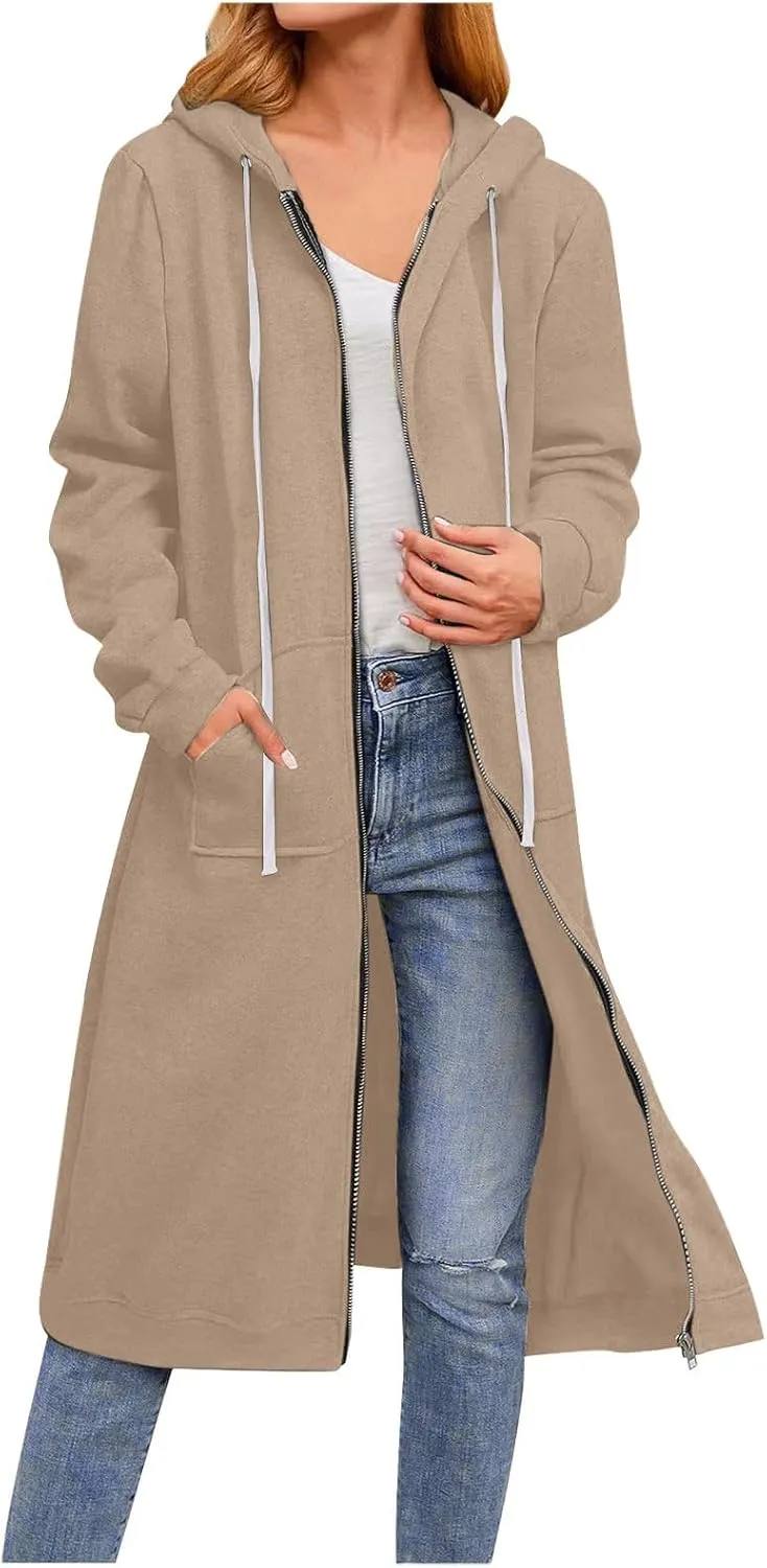 Knee Length Sweatshirts Long Hoodies for Women 2024 Winter Full Zip Up Drawstring Hooded Coat Fall Fashion Outwear